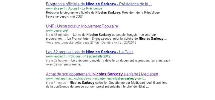 Mediapart est le seul résultat gênant de la première page sur Nicolas Sarkozy. (DR)