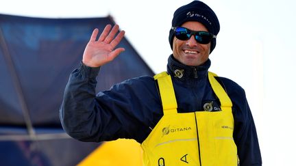 Le skipper français Franck Cammas avant de quitter le port de Lorient (Finistère), le 9 janvier 2021. (FRED TANNEAU / AFP)