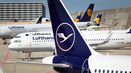 Des avions de la compagnie allemande Lufthansa à l'aéroport de Francfort (Allemagne). (DANIEL ROLAND / AFP)