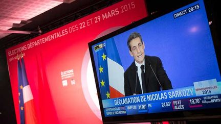  (Le président de l'UMP, Nicolas Sarkozy, réagit après la publication des résultats du premier tour des départementales  © Maxppp)