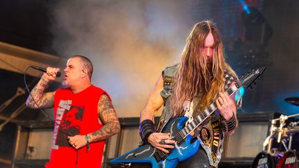 It took the metal ardor of Pantera - here Phil Anselmo and guitarist Zakk Wylde - to give Hellfest a boost in the rain on Sunday June 18, 2023. (MATHIEU PATTIER / OUEST FRANCE / MAXPPP)