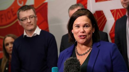 La présidente du Sinn Fein Mary Lou McDonald à Dublin (Irlande) le 10 février 2020&nbsp; (NIALL CARSON / MAXPPP)