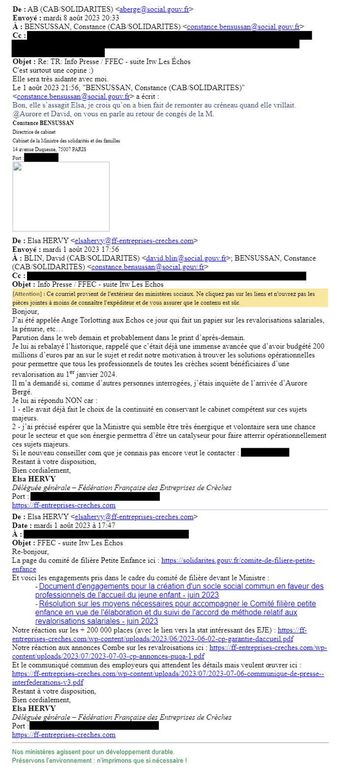 Echange de mails entre Aurore Bergé et son cabinet, où la ministre qualifie Elsa Hervy de "copine" qui sera "très aidante", en réponse à sa directrice de cabinet, Constance Bensussan, qui estime que celle-ci "s'assagit". (VICTOR CASTANET / FRANCEINFO)