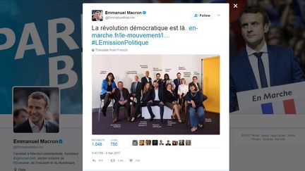 Emmanuel Macron a mis en ligne, le 6 avril, la photo des 14 premiers candidats officiellements investis par son mouvement En Marche ! pour les élections législatives. (EMMANUEL MACRON / TWITTER)