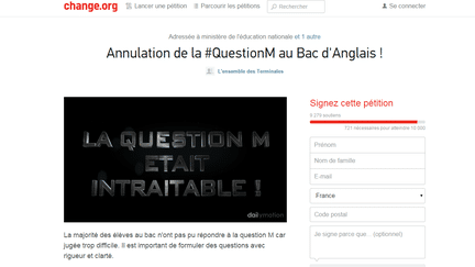 Capture d'&eacute;cran de la p&eacute;tition r&eacute;clamant l'annulation d'une question de l'&eacute;preuve d'anglais du baccalaur&eacute;at 2015. (CHANGE.ORG)