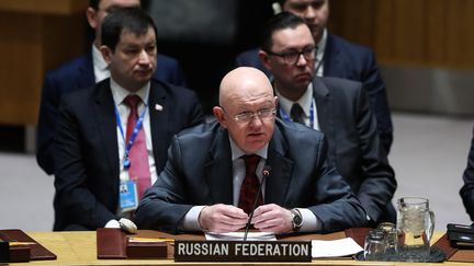 Vassily Nebenzia, ambassadeur de la Russie au Conseil de sécurité des Nations unies, lors d'une réunion de celui-ci à New York, le 26 janvier 2019. (ATILGAN OZDIL / AFP)