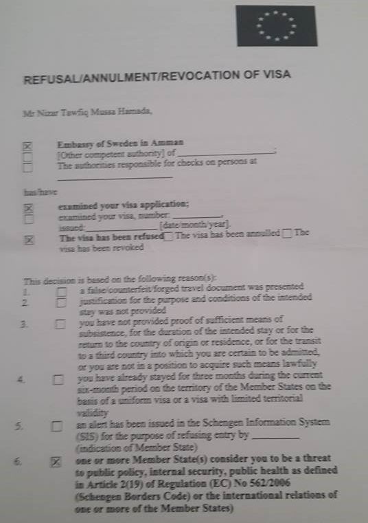 Le refus de visa d'entr&eacute;e en Su&egrave;de oppos&eacute; &agrave; Nizar Hamada. (DR)