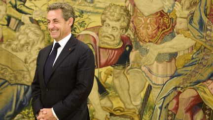 L'ancien pr&eacute;sident Nicolas Sarkozy pose devant les photographes lors d'une rencontre avec le roi d'Espagne, Juan Carlos, au palais de la Zarzuela, &agrave; Madrid (Espagne), le 27 mai 2014. (GERARD JULIEN / AFP)