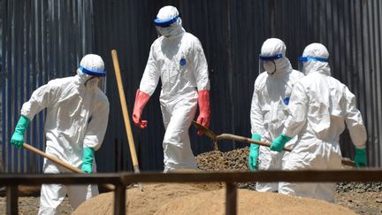 Des employ&eacute;s de la Croix Rouge luttant contre le virus Ebola, le 23 octobre 2014 &agrave; Monrovia (Liberia). (ZOOM DOSSO / AFP)