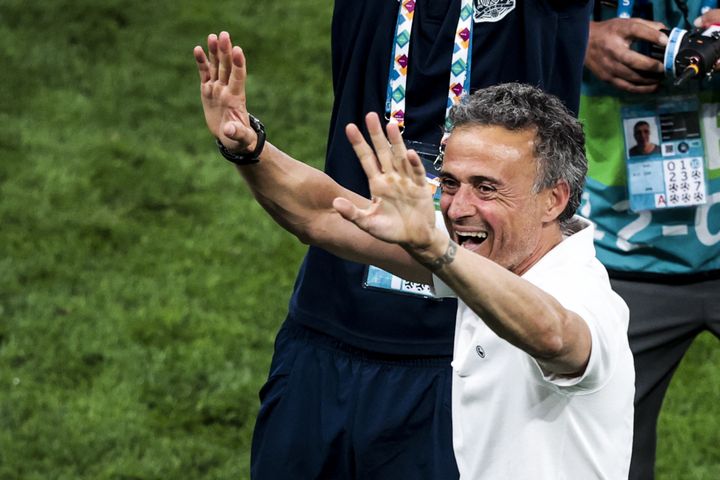 Luis Enrique après la qualification de l'Espagne face à la Suisse, le 2 juillet à&nbsp;Saint-Pétersbourg (DMITRIY GOLUBOVICH / ANADOLU AGENCY)