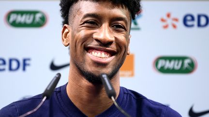 Kingsley Coman, lors d'une conférence de presse à Clairefontaine le 28 mai 2021. (FRANCK FIFE / AFP)