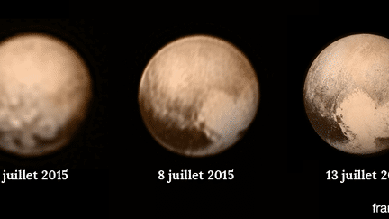 Prise de vue de la plan&egrave;te naine Pluton les 3, 8 et 13 juillet 2015 par la sonde New Horizons. (NASA / FRANCETVINFO)