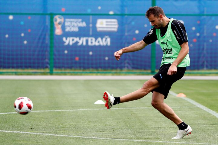 Christian Stuani à l'entraînement avec l'Uruguay, lundi 2 juillet 2018 à&nbsp;Nijni Novgorod (Russie). (MAXPPP)