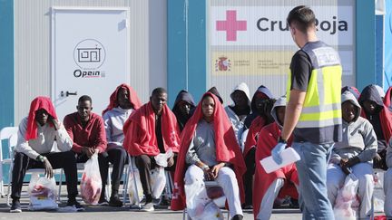 Un groupe de migrants au port de Los Cristianos sur l'île de Tenerife (Canaries) après y avoir été transféré depuis l'île d'El Hierro, en Espagne, le 18 novembre 2024. (ALBERTO VALDES / EFE / VIA MAXPPP)