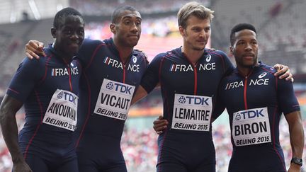 Les sprinteurs français Guy-Elphège Anouman, Jimmy Vicaut, Christophe Lemaitre et Emmanuel Biron