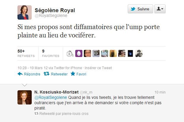 Capture d'écran de l'échange entre Ségolène Royal et Nathalie Kosciusko-Morizet sur Twitter (DR)