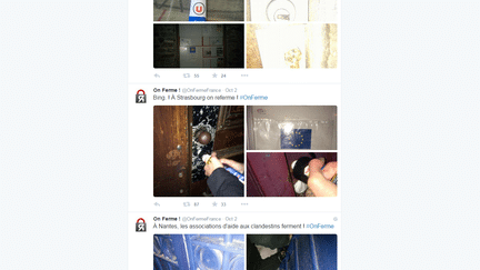 Capture d'écran, le 15 octobre 2015, d'un compte Twitter&nbsp;qui poste des photos d'actes de vandalisme à l'encontre d'associations qui aident les migrants. (ONFERMEFRANCE / TWITTER)