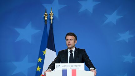 Emmanuel Macron during a speech to the European Council on December 15, 2023. (EUROPEAN UNION / HANS LUCAS / AFP)