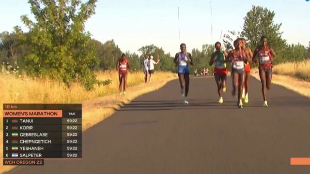 La championne du monde en titre Ruth Chepngetich s'est arrêtée sur le bord de la route à cause de problèmes gastriques. Peu avant la mi-course, deux Ethiopiennes en profitent pour s'isoler avec deux Kenyanes.