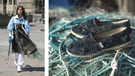 Défilé&nbsp;Schueller de Waal&nbsp;pendant la semaine de la haute couture parisienne en juillet 2019 (à gauche) et espadrille Payote réalisée en fil recyclé (PIETER STIEGER (à gauche) / PAYOTE)