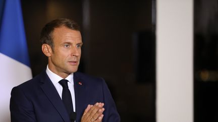 Emmanuel Macron lors d'une conférence de presse au siège de l'ONU, à New York (Etats-Unis), le 24 septembre 2019. (LUDOVIC MARIN / AFP)