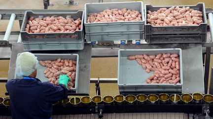 Une ouvri&egrave;re dans une usine de La Lauragaise, la nouvelle entreprise de Laurent Spanghero, &agrave; Castelnaudary (Aude), le 31 juillet 2013. (ERIC CABANIS / AFP)