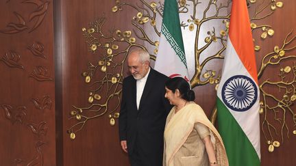 Mohammad Javad Zarif et&nbsp;Sushma Swaraj (MONEY SHARMA / AFP)