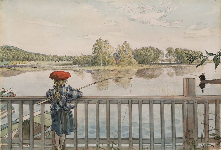 Carl Larsson, Lisbeth pêchant à la ligne, Aquarelle pour l'album "Notre Maison", 1894-96
 (Nationalmuseum Stockholm)