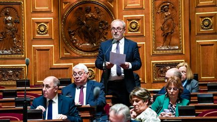 Le sénateur Joël Guerriau, debout dans l'hémicycle, le 14 février 2023 à Paris. (AMAURY CORNU / HANS LUCAS / AFP)