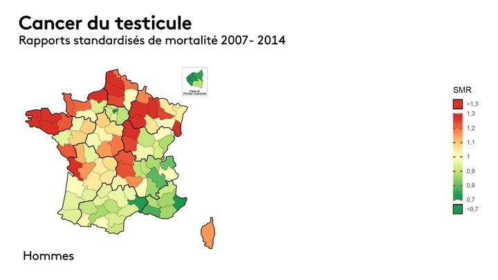 La carte de la surmortalité des cancers du testicule en France entre 2007 et 2016 (rapports standardisés, source : Santé publique France). (FRANCEINFO)