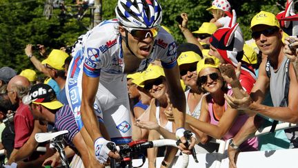 Thibaut Pinot, le 7 juillet 2012, &agrave; l'arriv&eacute;e &agrave; la Planche-des-Belles-Filles (Haute-Sa&ocirc;ne). (ALEXANDRE MARCHI / L'EST REPUBLICAIN / MAXPPP)