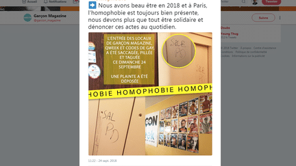 Capture d'écran du compte Twitter de "Garçon Magazine", le 24 septembre 2018, montrant les dégradations des locaux de la rédaction, à Paris. (GARÇON MAGAZINE)