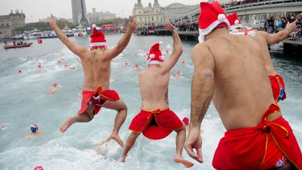 Pour la 103e &eacute;dition de la Copa Nadal (la coupe de No&euml;l), soit une course &agrave; la nage de 200 m, 400 personnes ont fait trempette dans le port de Barcelone (Espagne), le 25 d&eacute;cembre 2012. &nbsp; (JOSEP LAGO / AFP)