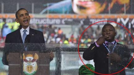 Barack Obama lors de son discours pendant l'hommage &agrave; Nelson Mandela, en Afrique du Sud, le 10 d&eacute;cembre 2013. A ses c&ocirc;t&eacute;s, le faux interpr&egrave;te en langue des signes. (EVAN VUCCI / AP / SIPA)