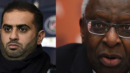 À gauche,&nbsp;Youssef Al Obaidly, président de BeIn Sport au Parc des Princes le 8 décembre 2015. À droite, Lamine Diack, ex-patron de l'athlétisme mondial, le 20 août 2015. ((FRANCK FIFE et GREG BAKER / AFP))