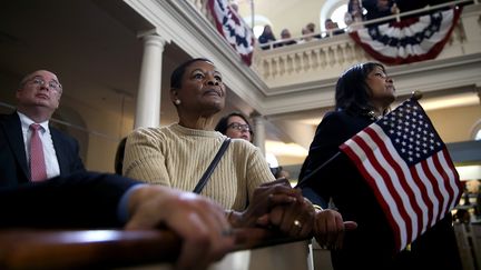 Des soutiens d'Hillary Clinton suivent un discours de l'ancienne secrétaire d'Etat, candidate aux primaires démocrates, à Boston (Etats-Unis), le 29 février 2016. (JUSTIN SULLIVAN / GETTY IMAGES NORTH AMERICA / AFP)