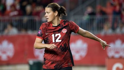 Christine Sinclair lors du match international entre le Canada et la Jamaïque, à Toronto, le 26 septembre 2023. (ANGEL MARCHINI / SIPA)