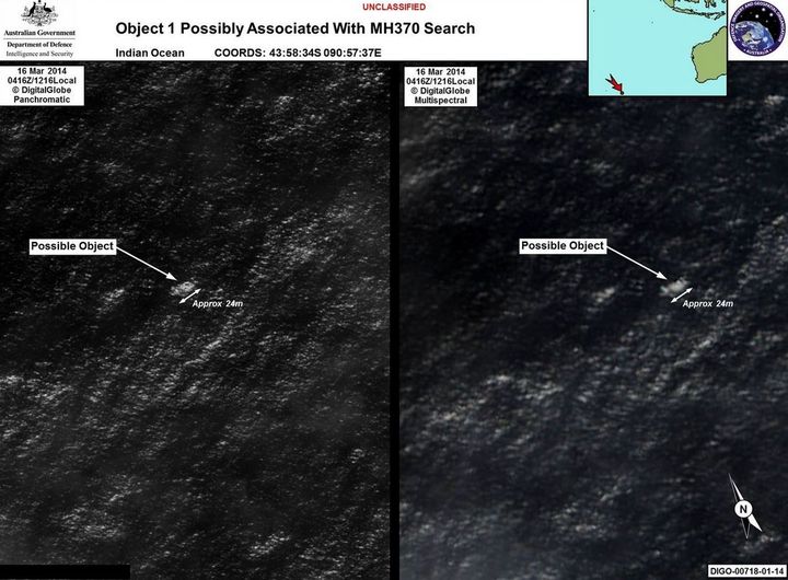 Les objets aper&ccedil;us dans l'oc&eacute;an Indien, susceptibles d'&ecirc;tre des d&eacute;bris de l'avion disparu de la Malaysia Airlines, jeudi 20 mars 2014.&nbsp; (AMSA.AU.GOV)
