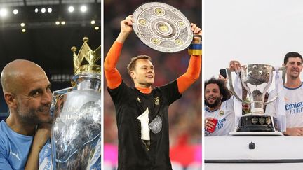 Pep Guardiola avec Manchester City (à gauche), Manuel Neuer avec le Bayern Munich (au centre) et Marcelo ainsi que Thibault Courtois avec le Real Madrid (à droite) ont tous remporté leur championnat national lors de la saison 2021-2022. (Oli SCARFF / AFP - Marcel Engelbrecht / firo Sportphoto / DPPI via AFP - Diego Radames / ANADOLU AGENCY / AFP)