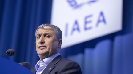 Le chef de l'Organisation iranienne de l'énergie atomique, Mohammad Eslami, lors de la 67e Conférence générale de l'Agence internationale de l'énergie atomique (AIEA), au siège de l'agence à Vienne, en Autriche, le 25 septembre 2023. (ALEX HALADA / AFP)