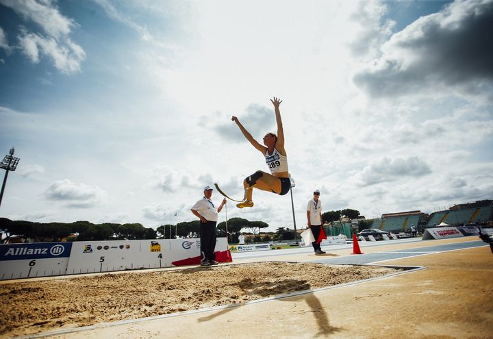 Marie-Amélie Le Fur en saut en longueur lors des championnats d'Europe,&nbsp;à Grosseto (Italie), le 11 juin 2016. (MAURO UJETTO / NURPHOTO / AFP)