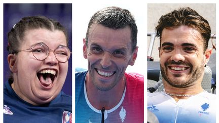 Aurélie Aubert (boccia), Alexis Hanquinquant (paratriathlon) et Mathieu Bosredon (paracyclisme sur route) ont marqué de leurs performances les Jeux de Paris 2024. (AFP)