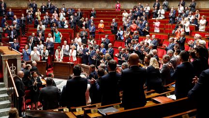 Les députés dans l'Assemblée nationale applaudissent l'équipe de France victorieuse de la Coupe du monde 2018 en Russie.&nbsp; (FRANCOIS GUILLOT / AFP)