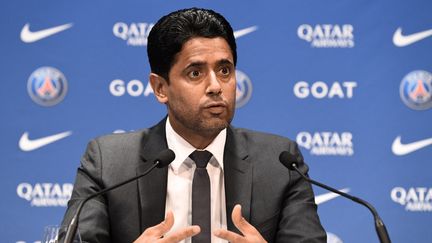 Le président du PSG, Nasser Al-Khelaifi, en conférence de presse au Parc des Princes le 5 juillet 2022. (BERTRAND GUAY / AFP)