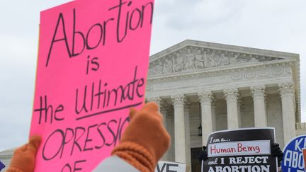 Des pancartes "pro-vie" sont soulevées devant la Cour Suprême, à Washington. (LENIN NOLLY / NOTIMEX / AFP)