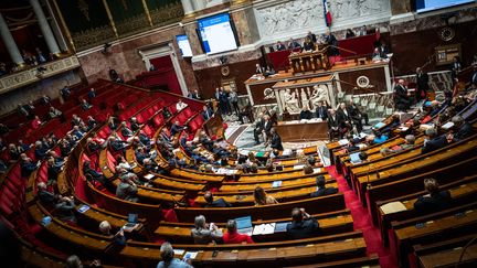 Une séance publique de questions au gouvernement se tient à l'Assemblée nationale, à Paris, le 21 novembre 2023. (XOSE BOUZAS / HANS LUCAS / AFP)