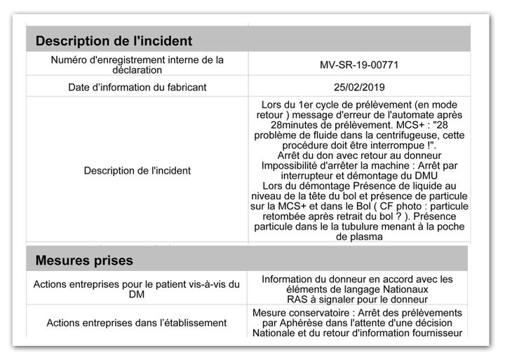 Rapport d'incident à l’EFS Martinique le 25 février 2019 sur une machine&nbsp;Haemonetics. (CELLULE INVESTIGATION DE RADIOFRANCE)