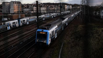 Une rame du RER D en gare de&nbsp;Villeneuve-Saint-Georges (Val-de-Marne), le 31 janvier 2022. (CHRISTOPHE ARCHAMBAULT / AFP)