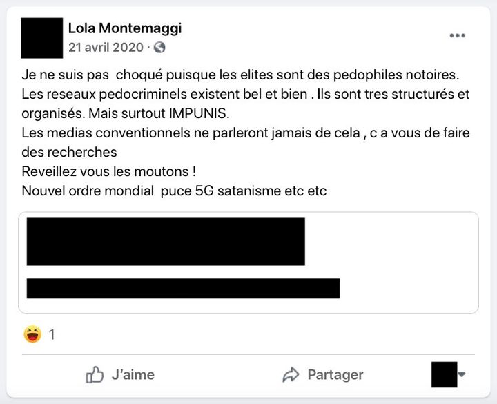 Un message publié sur Facebook par Lola Montemaggi, le 21 avril 2020. (LOLA MONTEMAGGI / FACEBOOK)