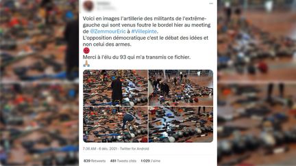 Ces photos ne montrent pas des armes saisies en marge du meeting d'Eric Zemmour à Villepinte, dimanche 5 décembre, mais la consigne des objets interdits dans la salle (parapluies, casques, gourdes, etc.). (CAPTURE ECRAN TWITTER)